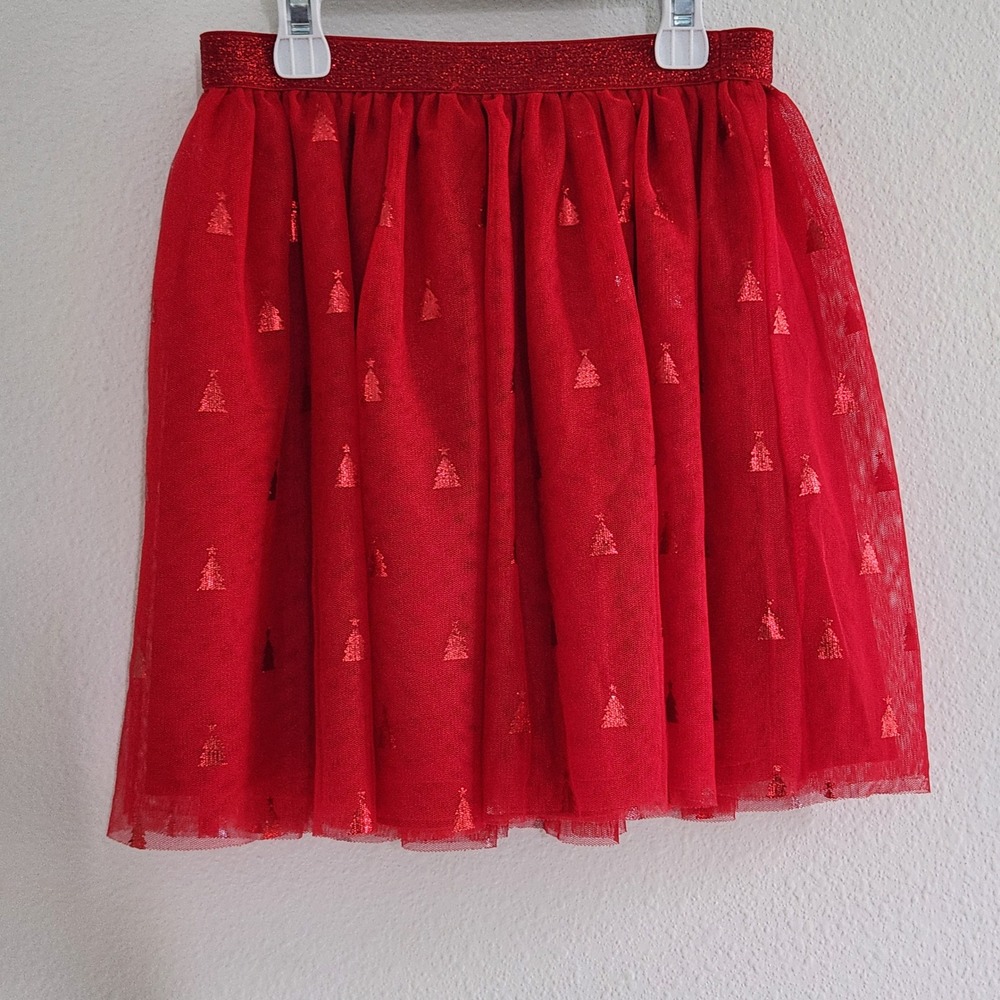Girls Red Tulle Christmas Tree Tutu Skirt Size M 7-8 Glitter Waist